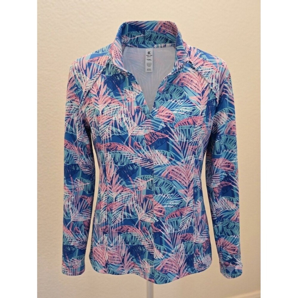 ​Kyodan Golf XL Blue Pink Tropical Palm Print Long Sleeve V Neck Pullover Women
